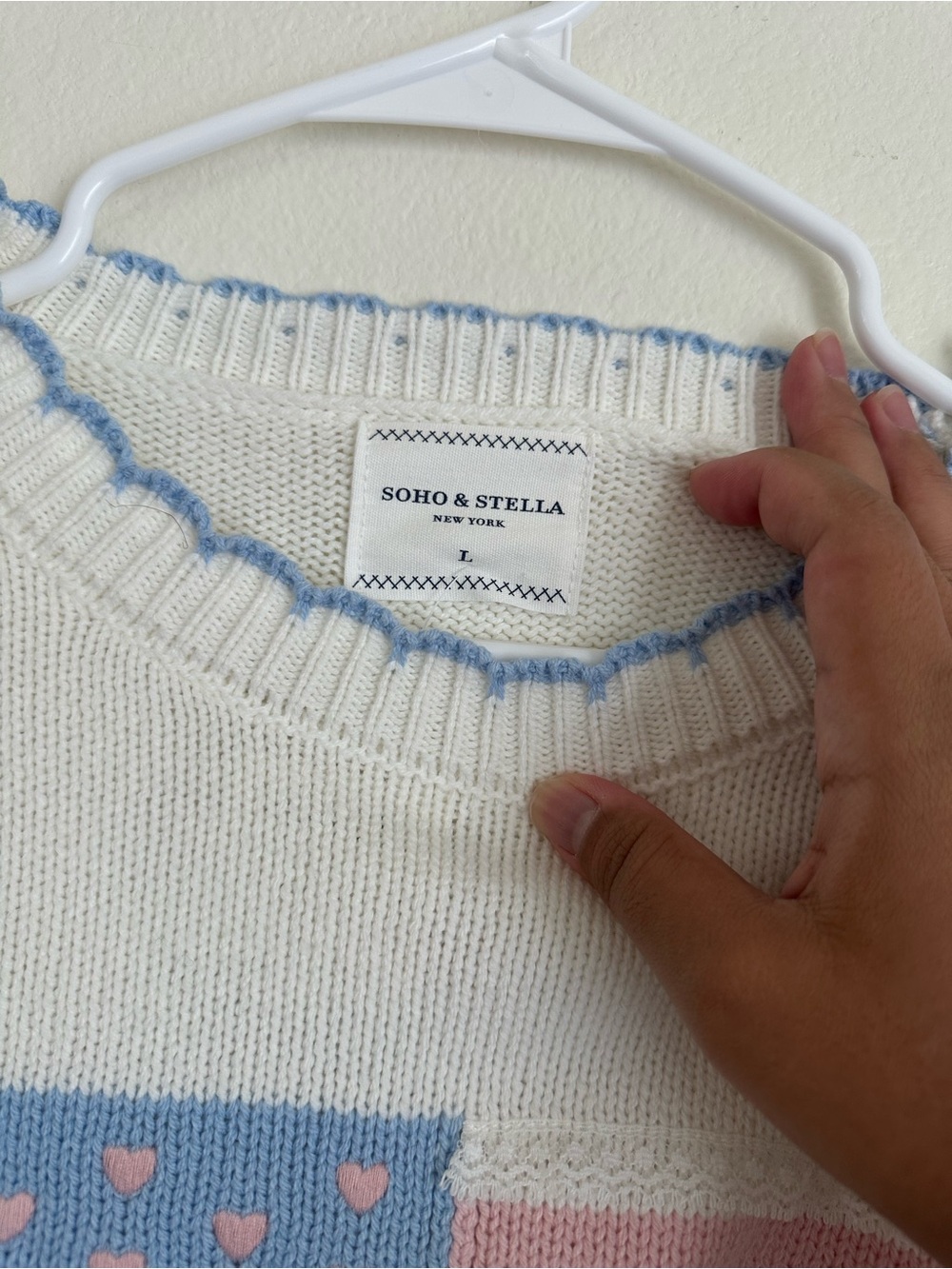 NWOT SoHo & Stella Cream Knit Sweater with Pink & Blue Flag Motif - Picture 4 of 4